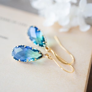 Green and Blue Earrings, Two Tone Vintage Glass Earrings, Gold Dangle Earrings, Teardrop Glass Jewel Earrings, Sparkly Crystal Earrings image 2