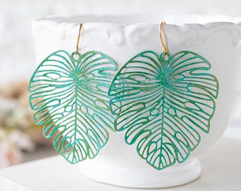 Monsterablad oorbellen, Amerikaanse patina statement oorbellen, groot groenblauw filigraan blad messing, botanische, bossieraden, cadeau voor haar