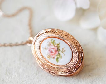 Rose Gold Locket Necklace, Vintage Pink Rose Cameo Locket, Rose Gold Jewelry, Personalized Photo Locket, Gift for Girlfriend, Gift for Her