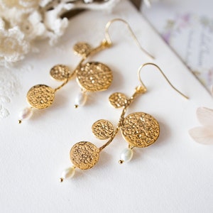 Abstract Tree Branch Earrings, White Freshwater Pearls Earrings, Gold Earrings, June Birthstone, Leaf Earrings, Unique Gift for Women