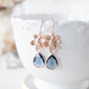 Rose Gold Navy Blue Earrings, Navy Blue Wedding Bridesmaid Earrings, Dark Sapphire Earrings, September Birthstone Jewelry, Gift for Her