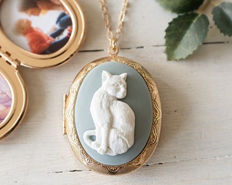 Cat Locket Necklace, White Cat Dusty Blue Cameo Gold Oval Locket Necklace, Personalized Photo Locket, Christmas Gift for Cat Lover Cat Owner