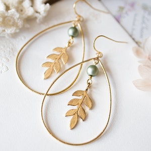 Large Gold Teardrop Hoop Earrings, Leaf Earrings, Sage Green Matte Pearl Earrings, Boho BoHemian Earrings, Nature Inspired, Gift for Women