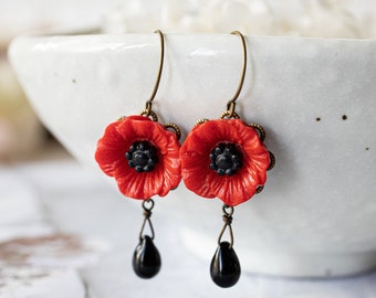 Poppy Flower Earrings, Red Flower Black Teardrop Glass Bead Dangle Earrings, Red and Black, Vintage Style, Gift for Her