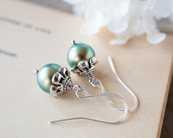 Iridescent Green Pearl Dangle Earrings, Antiqued Silver Earrings, Vintage Wedding Earrings, Bridesmaid Gift, Green Pearl Drop Earrings