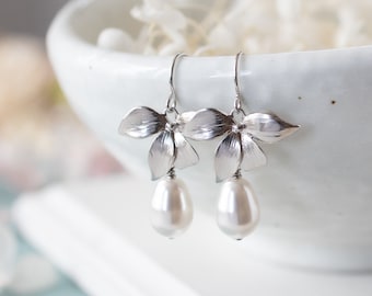 Silver Bridal Earrings, Cream White Teardrop Pearl Earrings, Silver Orchid Flower Earrings, Wedding Bridal Pearl Earrings, Bridesmaid Gift