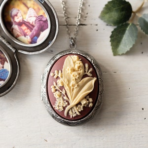 Lily of The Valley Locket Necklace, Ivory on Burgundy Cameo Necklace, Personalized Photo Locket, Gift for Mom Grandma Aunt Wife Sister