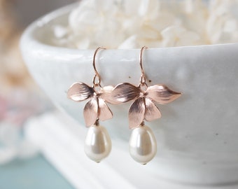 Rose Gold Bridal Earrings, Orchid Flower Cream White Teardrop Pearl Earrings, Rose Gold Wedding Jewelry, Bridesmaid Gift, Maid of Honor Gift