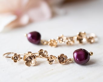 Plum Purple Burgundy Baroque Pearl Earrings, 18K Gold Flower Blossoms Earrings, Twig Earrings, Branch Earrings, Burgundy Wedding Jewelry