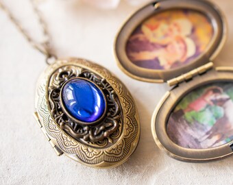 Personalized Photo Locket Necklace: Vintage Art Deco Sapphire Jewel