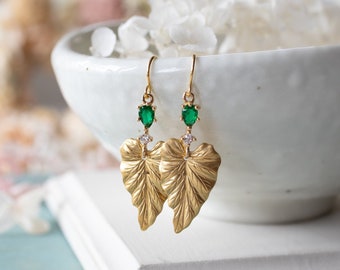 Ivy Leaf Earrings, Gold Ivy Leaf Emerald Green Cubic Zirconia Clear Crystal Earrings, May Birthstone Emerald Jewelry Birthday Gift for Women