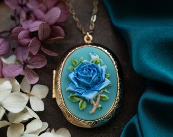 Blue Rose Cameo Locket Necklace with Personalized Photos , Large Gold or Antique Silver Oval Locket Necklace, Victorian Rose, Gift for Women