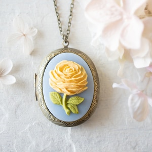 Locket Necklace, Yellow Rose Cameo Photo Locket Necklace, Yellow Blue peony Large Oval Locket,  Personalized Gift Her for Mom Daughter Wife