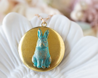 Personalized Rabbit Photo Locket Necklace, Verdigris Blue Rabbit Gold Round Locket Necklace, Bunny Necklace, Gift for Daughter Child