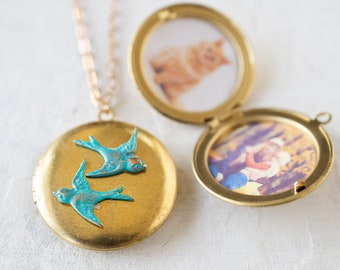 Bird Locket Necklace, Bird Necklace, Swallow Necklace, Customized Personalized Jewelry, Photo Jewelry, Gift for Her, Love Bird Locket
