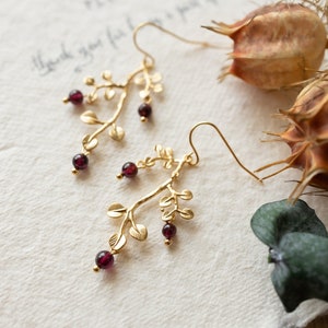 Garnet Earrings, Gold Leaf Branch Earrings, Dark Red Burgundy Earrings, January Birthstone Jewelry, Birthday Gift for Her, Burgundy Wedding