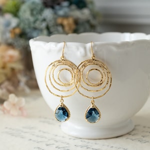 Navy Blue Earrings, Dark Blue Montana Blue Earrings, 18K Gold Circle Earrings, Gold Hoop Earrings, Navy Blue Wedding Jewelry Bridesmaid Gift