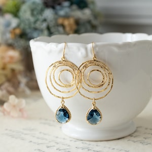Navy Blue Crystal Earrings: 18K Gold Circle Hoop, Bridesmaid Jewelry
