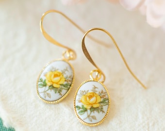 Yellow Rose Earrings, Floral Dangle Earrings, Flower Earrings, Botanical Jewelry, Romantic Gift for Her, Nature Inspired Jewelry
