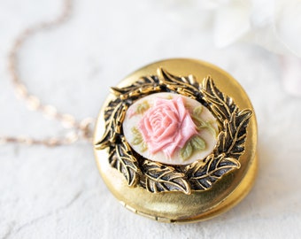 Locket Necklace, Pink Rose Cameo Pendant Necklace, Leaf Wreath Floral Locket, Personalized Gift for Women, Gift for Mom Girlfriend