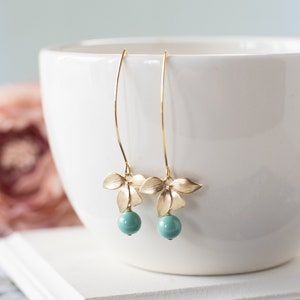 Turquoise Blue Pearl Gold Orchid Flower Earrings, Long Dangle, Robin Egg Blue, Gift for Women Wife Sister Girlfriend Mom, Bridesmaid gift