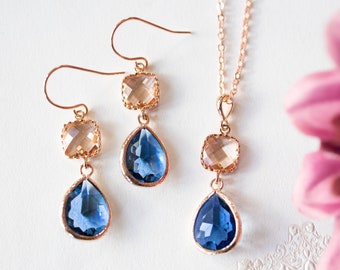 Rose Gold Navy Blue Earrings and Necklace Set, Peach Champagne Sapphire Blue Dangle Earrings Pendant Necklace, Rose Gold Navy Blue Wedding