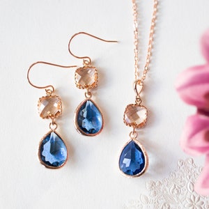 Rose Gold Navy Blue Earrings and Necklace Set, Peach Champagne Sapphire Blue Dangle Earrings Pendant Necklace, Rose Gold Navy Blue Wedding