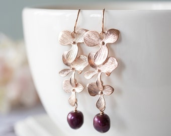 Rose Gold Orchid Earrings with Burgundy Plum Pearls, Floral Wedding Earrings
