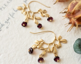 Gold Leaf Earrings, Garnet Earrings, Tree Branch Earrings, January Birthstone Jewelry, Burgundy Earrings, Birthday Gift for Women