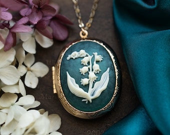 Lily of the valley Gold Locket Necklace, Teal Blue Floral Cameo, Personalized Photo Locket, May Birth Flower Necklace, Gift for Women