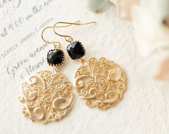Black and Gold Earrings, Black Crystal Earrings, Gold Filigree Earrings, Gold Circle Earrings, Gift for Her