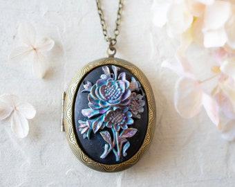 Purple Blue Flower Cameo Locket Necklace, Personalized Photo Locket Necklace, Large Oval Locket,  Birthday Gift for Mom Daughter Wife Sister
