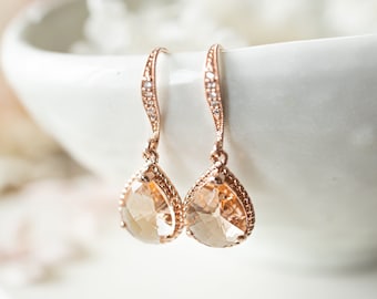 Rose Gold Peach Crystal Drop Earrings: Bridesmaid Jewelry