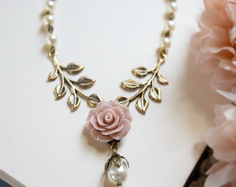 Dusty Pink Rose Necklace: Antiqued Gold Leaf, Cream Pearl Bridal Jewelry