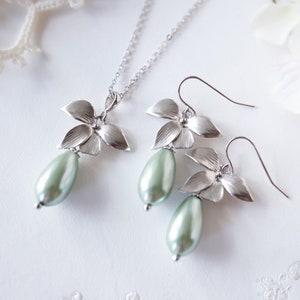 Sage Green Teardrop Pearl Necklace and Earrings Set: Silver Flower Jewelry
