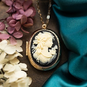 Photo Locket Necklace, Black Cream Victorian Lady Portrait Cameo Necklace in Gold or Antique Silver, Personalized Jewelry for Women Wife Mom