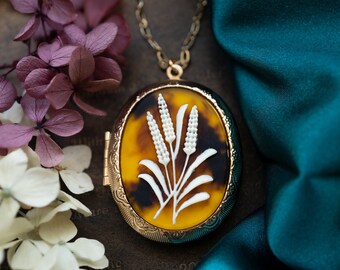 Lavender Locket Necklace, Large Gold Photo Locket, Tortoise Shell Necklace, Personalized locket, flower Cameo Locket, Birthday Gift for Her