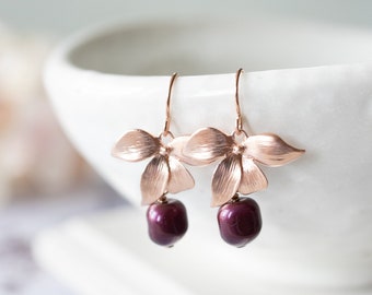 Rose Gold Orchid Earrings: Burgundy Baroque Crystal Pearl Dangle