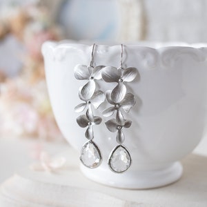 Clear Crystal Earrings, April Birthstone, Birthday Gift for Her, Silver Bridal Earrings, Flower Dangle Earrings, Silver Wedding Jewelry