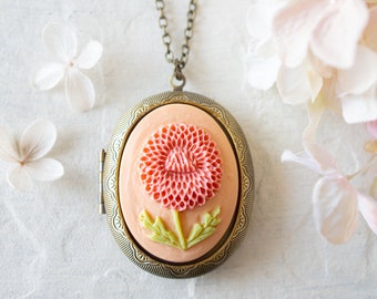 Floral Locket Necklace, Pink Red Chrysanthemum Necklace, Mum Flower Cameo Locket, Personalized Photo Locket, Gift for Her, Gift for Women
