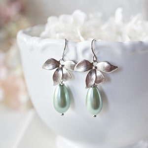 Light Green Pearl Earrings, Soft Green Pearl Earrings, Sage Green Pearl Earrings, Teardrop Green Pearl Earrings, Silver Flower Earrings image 1
