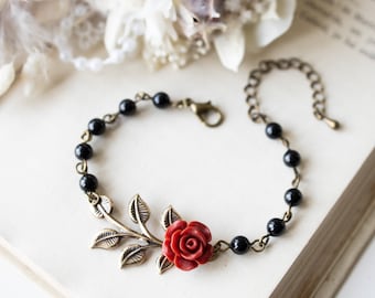 Black Pearl Bracelet, Leaf Bracelet, Red Rose Bracelet, Antique Vintage Style, Black Maroon Red Wedding Bracelet, Gift for Daughter Wife