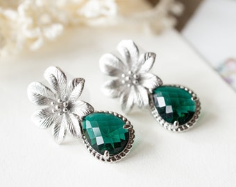 Emerald Green Earrings, Dark Green Crystal Silver Flower Post Earrings, May Birthstone, Emerald Green Wedding Jewelry, Bridesmaid Gift