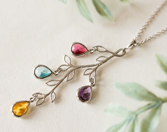 Personalized Birthstone Tree Leaf Branch Necklace, Birthday Mother's Day Gift For Mom Mother Wife Grandma, Birthstone Jewelry