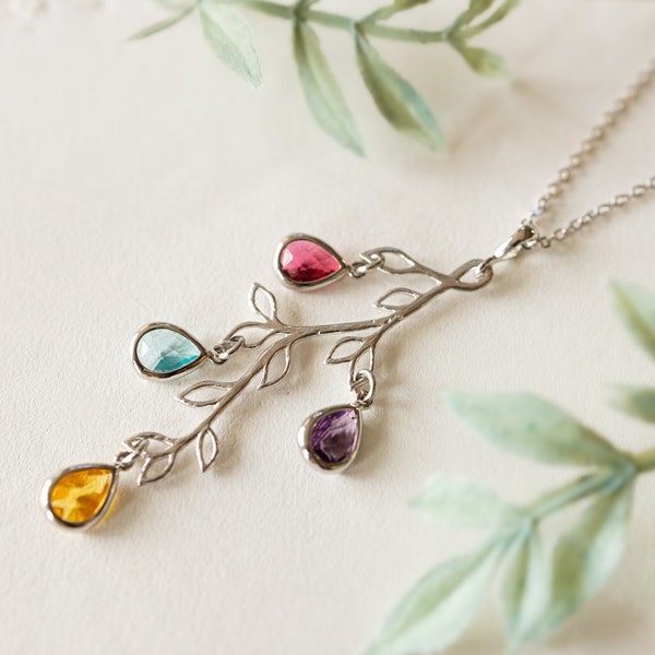 Personalized Birthstone Tree Leaf Branch Necklace, Birthday Mother's Day Gift For Mom Mother Wife Grandma, Birthstone Jewelry