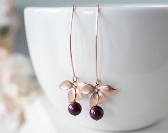 Burgundy Pearl Earrings, Rose Gold Earrings, Plum Purple Pearl Earrings, Plum Wedding Bridesmaid Earrings Gift, Burgundy Wedding Jewelry