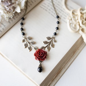 Maroon Dark Red Rose Flower Black Pearl Necklace, Antiqued Gold Leaf Branch Necklace, Maroon Wedding Jewelry, Victorian Vintage Style