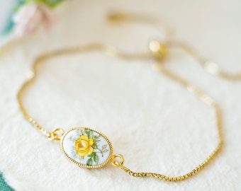 18K Gold Yellow Rose Bracelet, Floral Gold Bracelet, Adjustable Bracelet, Vintage Rose Jewelry, Gift for Her