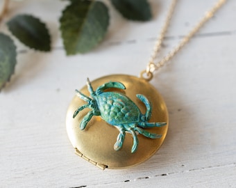 Crab Locket Necklace,  Personalized Blue Verdigris Patina Locket, Crab Jewelry, Zodiac Cancer Necklace, Round Golden Brass Locket with Photo