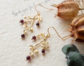 Gold Leaf Branch Earring, Garnet Earrings, January Birthstone Jewelry, Botanical Nature Inspired Earrings